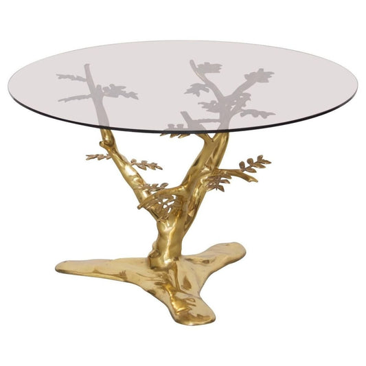 Brass Tree Sculpture Coffee Table with Round Glass Top, 1970s