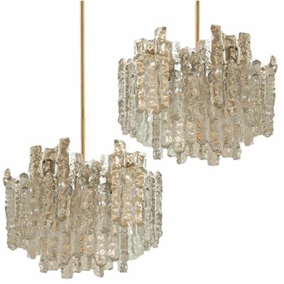 Brass Two-Tiered Ice Glass Pendant Chandeliers from Kalmar, 1970s, Set of 2-VDW-991997