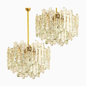 Brass Two-Tiered Ice Glass Pendant Chandeliers from Kalmar, 1970s, Set of 2-VDW-991997