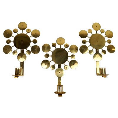 Brass Wall Candlesticks Sunburst by Holmström, Arvika, Sweden, 1960s, Set of 3-UYK-806798