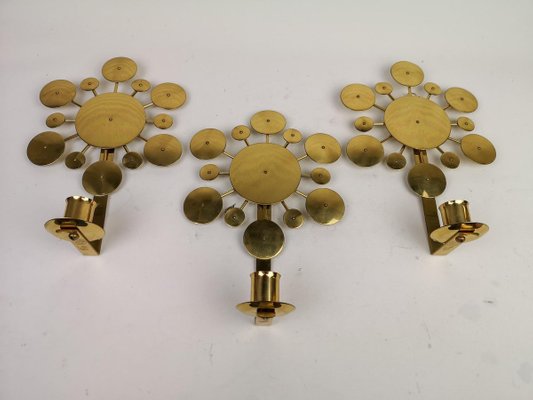 Brass Wall Candlesticks Sunburst by Holmström, Arvika, Sweden, 1960s, Set of 3-UYK-806798