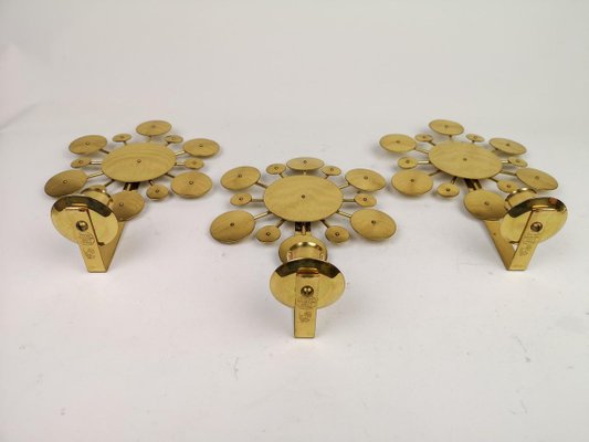 Brass Wall Candlesticks Sunburst by Holmström, Arvika, Sweden, 1960s, Set of 3-UYK-806798