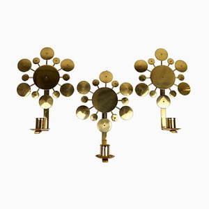 Brass Wall Candlesticks Sunburst by Holmström, Arvika, Sweden, 1960s, Set of 3-UYK-806798