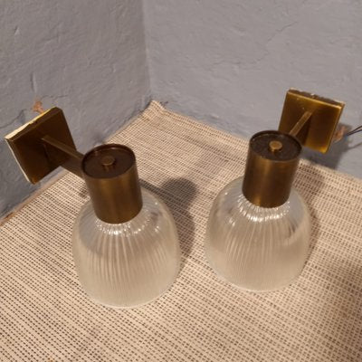 Brass Wall Lamps with Ribbed Glass from Fidenza Vetraria in the Style of Azucena, 1950s, Set of 2-OHK-992484