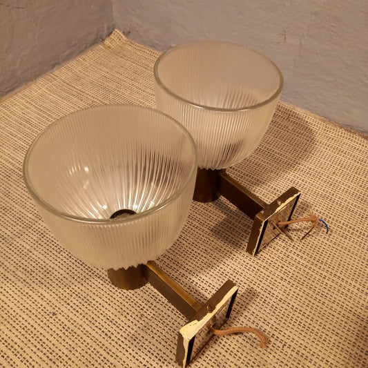 Brass Wall Lamps with Ribbed Glass from Fidenza Vetraria in the Style of Azucena, 1950s, Set of 2