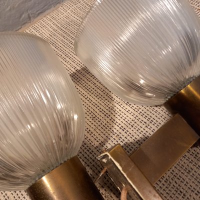 Brass Wall Lamps with Ribbed Glass from Fidenza Vetraria in the Style of Azucena, 1950s, Set of 2-OHK-992484