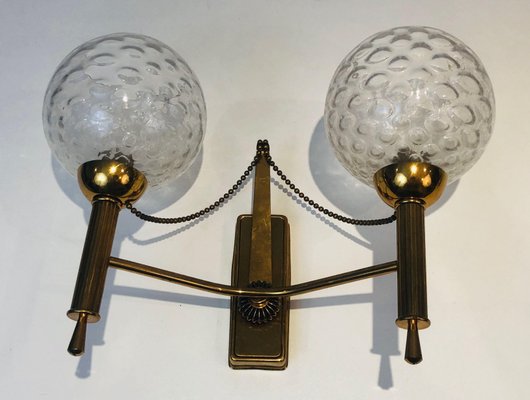 Brass Wall Lights with Glass Balls, 1970s, Set of 2-BA-1365864