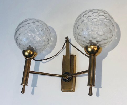 Brass Wall Lights with Glass Balls, 1970s, Set of 2-BA-1365864