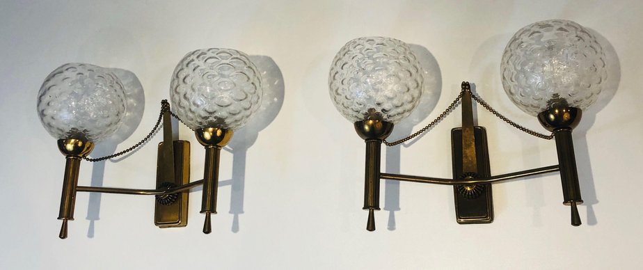 Brass Wall Lights with Glass Balls, 1970s, Set of 2-BA-1365864