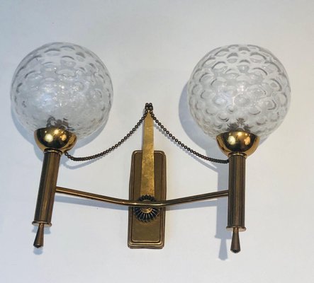 Brass Wall Lights with Glass Balls, 1970s, Set of 2-BA-1365864