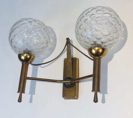 Brass Wall Lights with Glass Balls, 1970s, Set of 2-BA-1365864