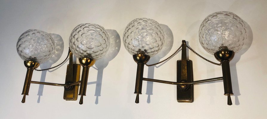 Brass Wall Lights with Glass Balls, 1970s, Set of 2-BA-1365864