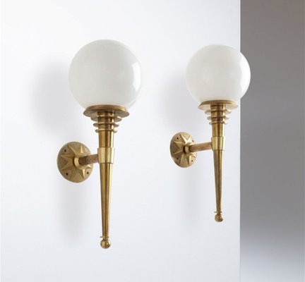 Brass Wall Sconces with Milky Glass by Tommaso Buzzi, 1940s, Set of 2-OHK-1786559