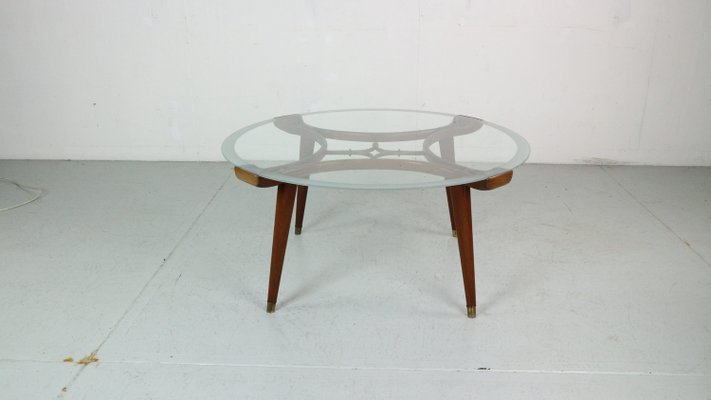 Brass, Wallnut, Round Glass Coffee Table attributed to William Watting for Fristho, 1950s-DT-2026280