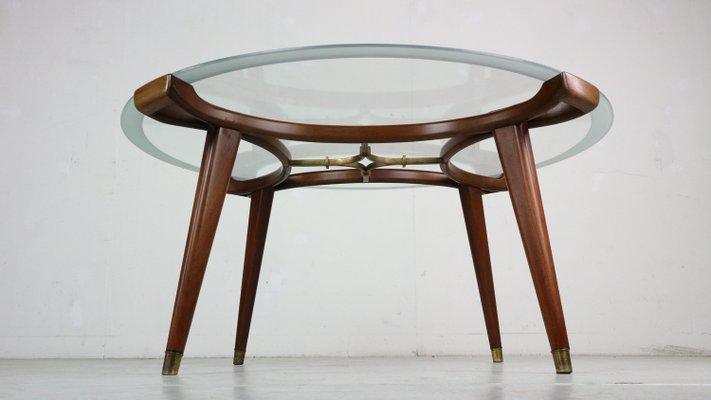 Brass, Wallnut, Round Glass Coffee Table attributed to William Watting for Fristho, 1950s-DT-2026280