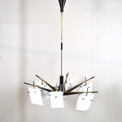 Brass, Wood, and Opaline Glass Pendant Lamp by Stilux, 1960s-JQO-626238