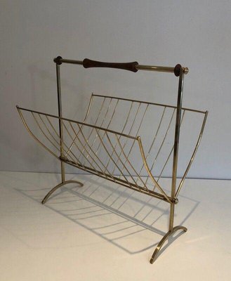 Brass & Wood Magazine Rack in the Style of Cesare Lacca-BA-1365474