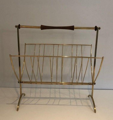 Brass & Wood Magazine Rack in the Style of Cesare Lacca-BA-1365474