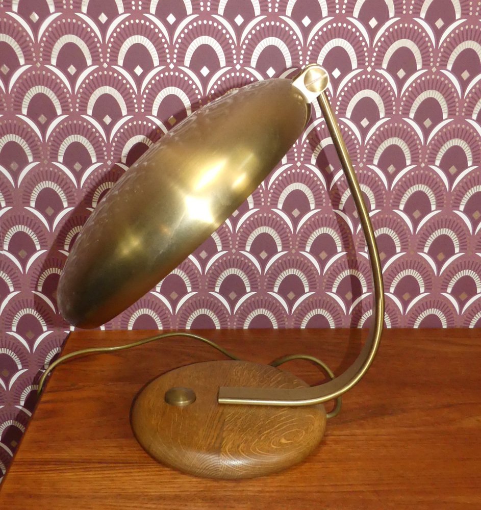 Brass & Wood UFO Table Lamp, 1970s