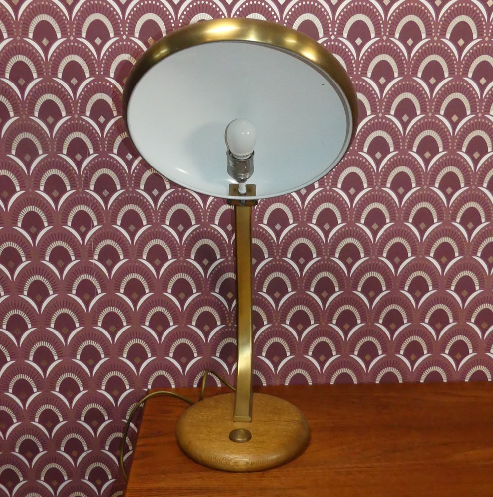 Brass & Wood UFO Table Lamp, 1970s