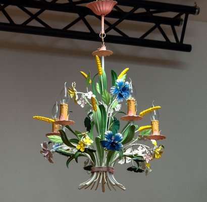 Bright Boho Chic Italian Tole Painted Metal Chandelier with Floral Decor, 1960s-JE-1738617