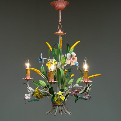 Bright Boho Chic Italian Tole Painted Metal Chandelier with Floral Decor, 1960s-JE-1738617