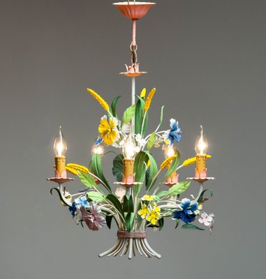 Bright Boho Chic Italian Tole Painted Metal Chandelier with Floral Decor, 1960s-JE-1738617