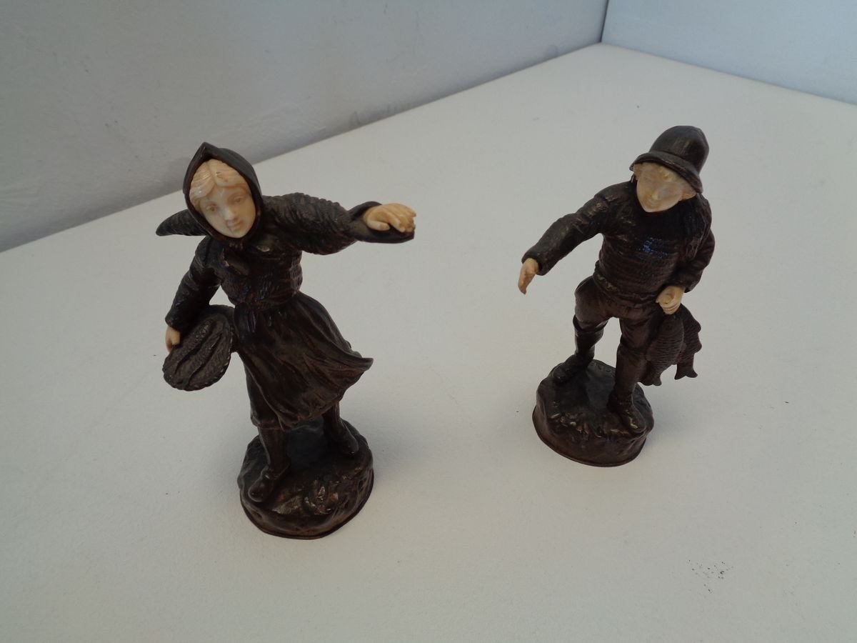 Bronze and Celluloid Young Fishermen from Albert Schrodel, 1890s, Set of 2