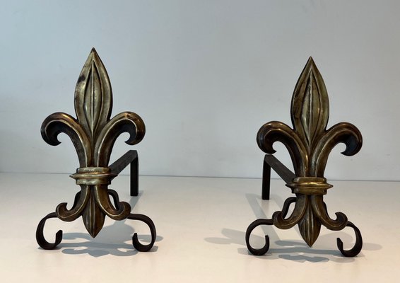 Bronze and Wrought Iron Lily Chenets, 1940s, Set of 2-BA-1784742