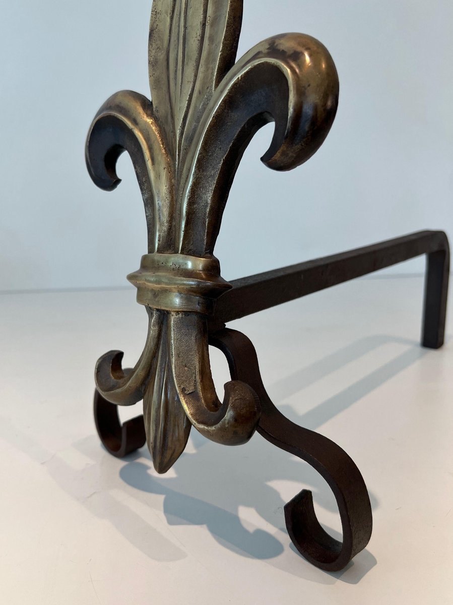 Bronze and Wrought Iron Lily Chenets, 1940s, Set of 2