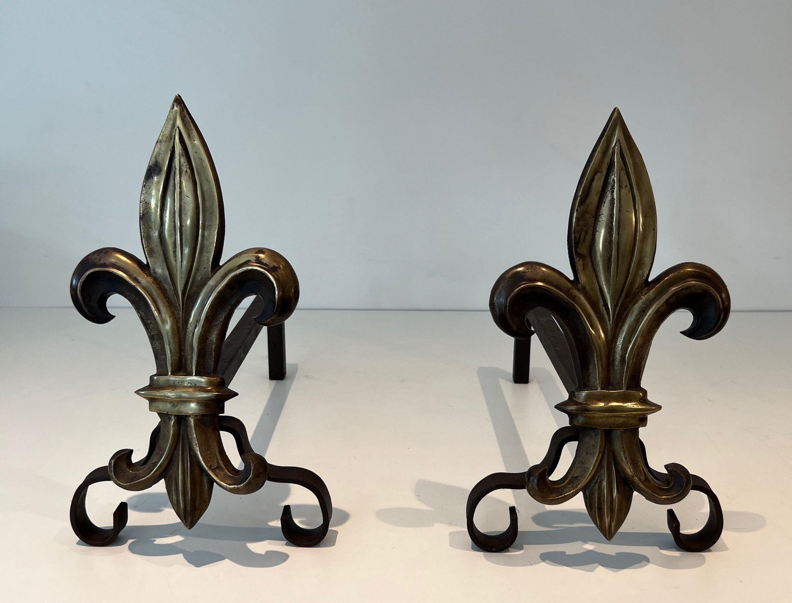 Bronze and Wrought Iron Lily Chenets, 1940s, Set of 2