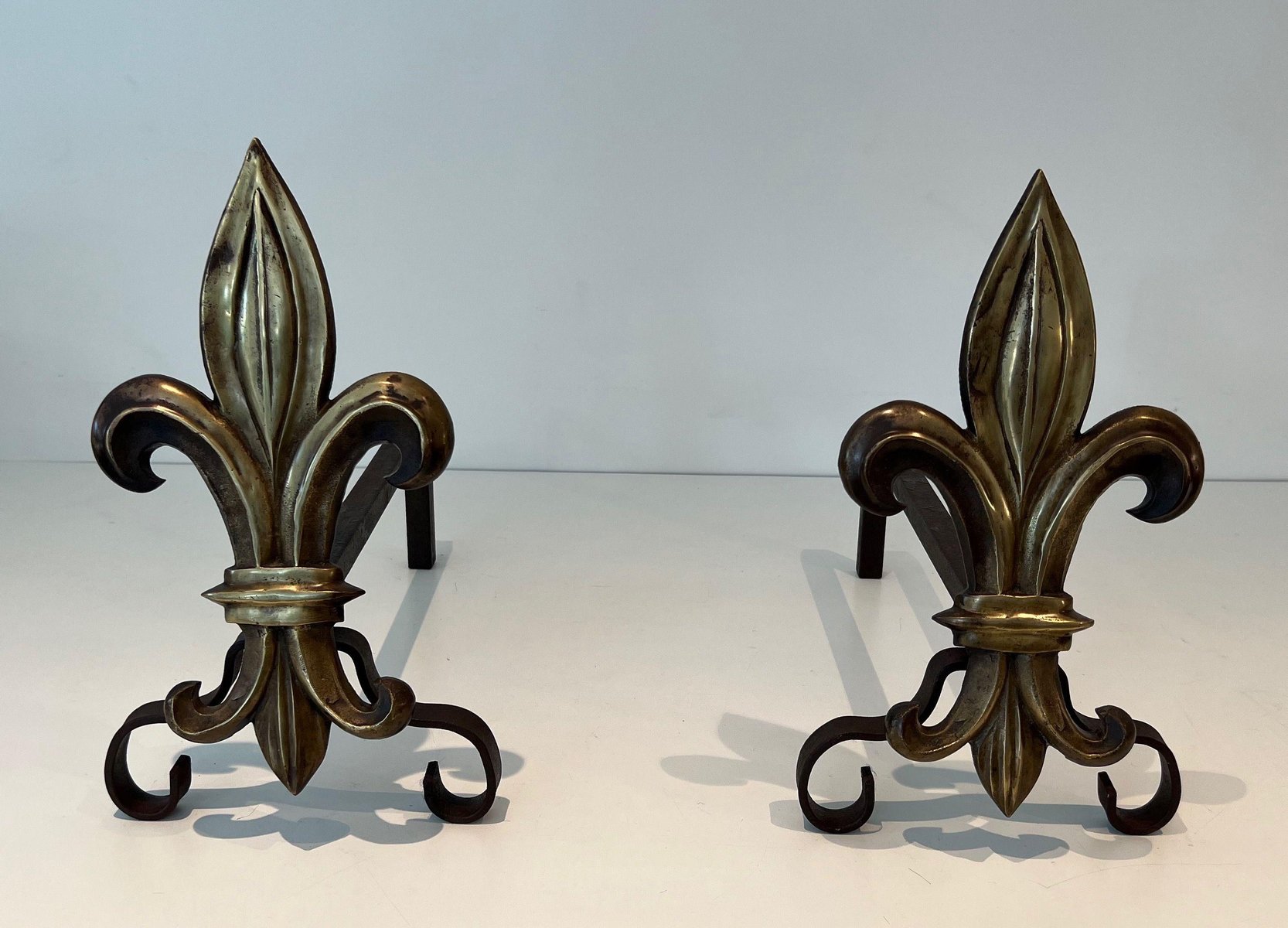 Bronze and Wrought Iron Lily Chenets, 1940s, Set of 2