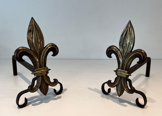 Bronze and Wrought Iron Lily Chenets, 1940s, Set of 2-BA-1784742