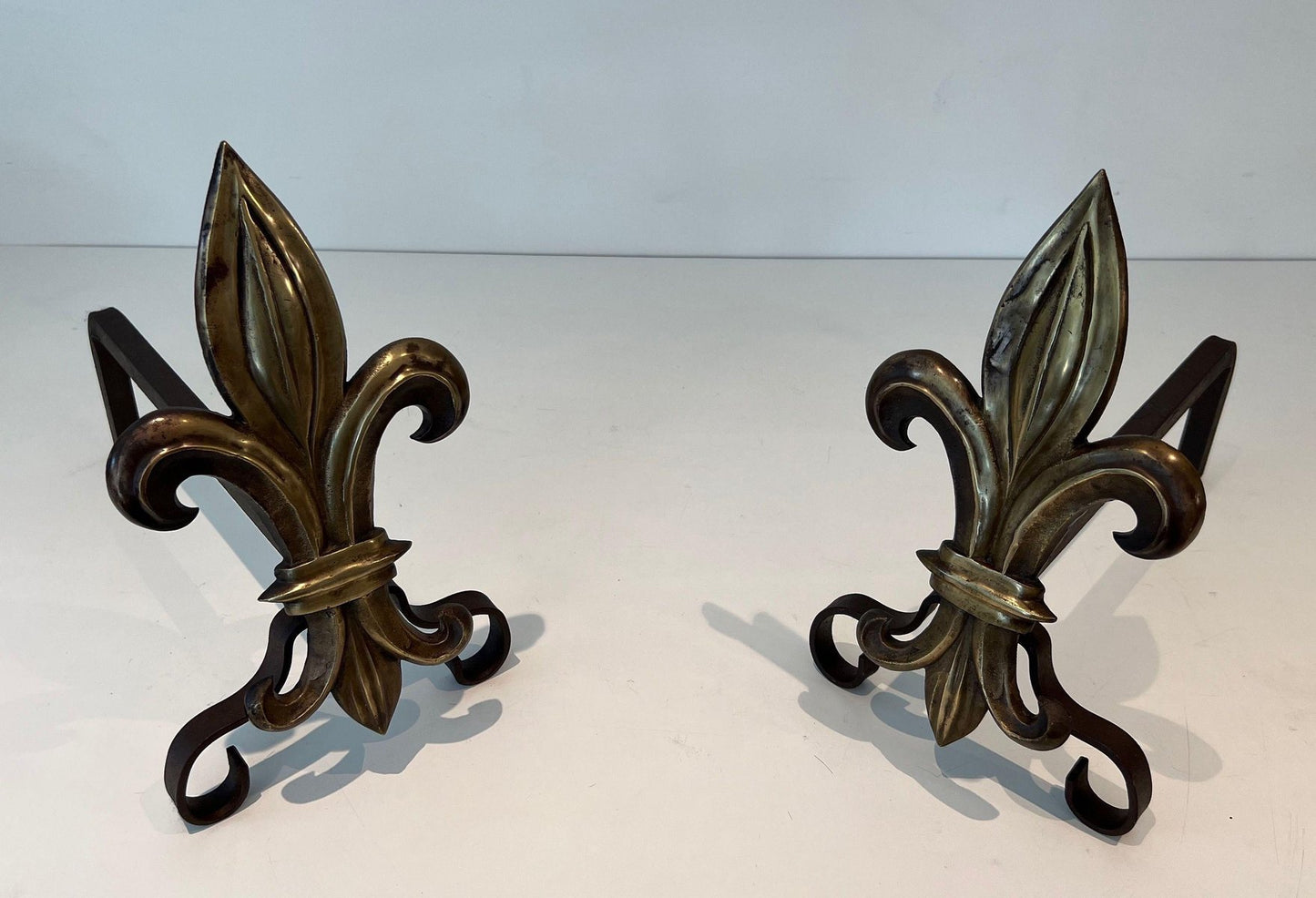 Bronze and Wrought Iron Lily Chenets, 1940s, Set of 2