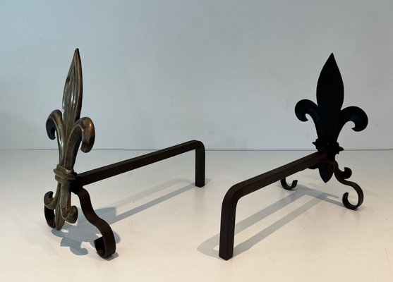 Bronze and Wrought Iron Lily Chenets, 1940s, Set of 2-BA-1784742