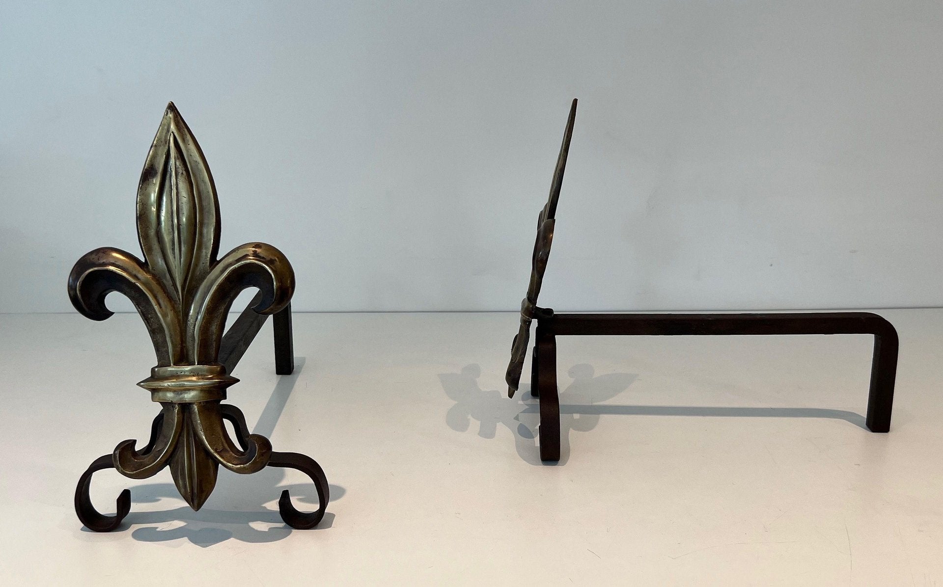 Bronze and Wrought Iron Lily Chenets, 1940s, Set of 2