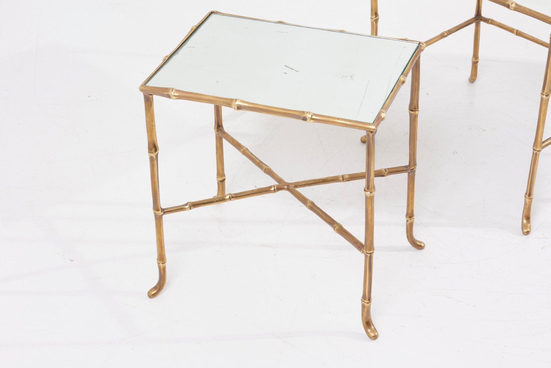 Bronze Bamboo Nesting Tables with Mirrors by Maison Baguès, France, Set of 3