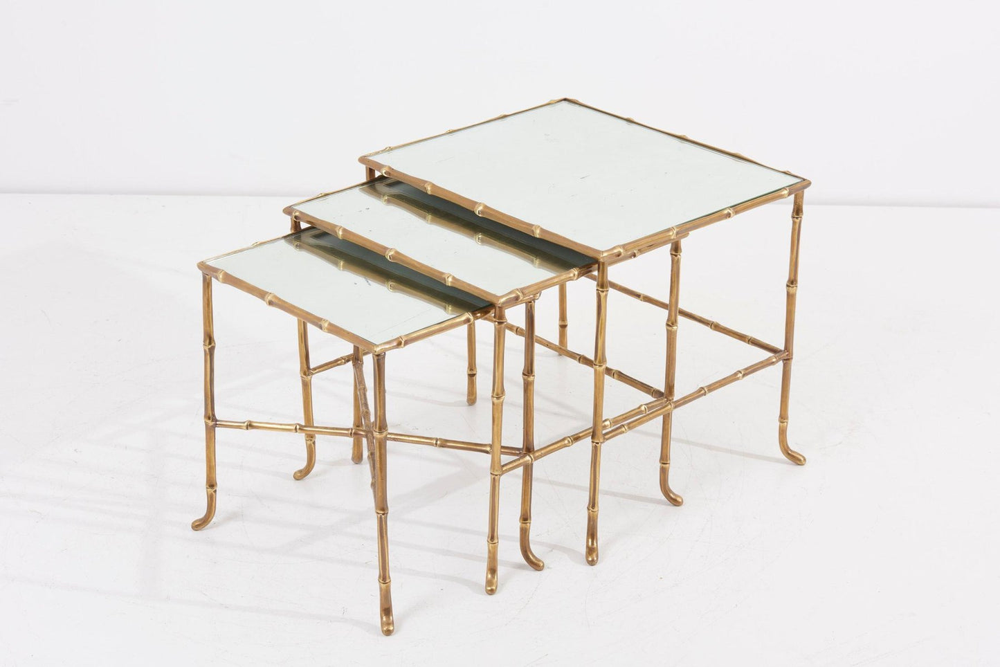 Bronze Bamboo Nesting Tables with Mirrors by Maison Baguès, France, Set of 3