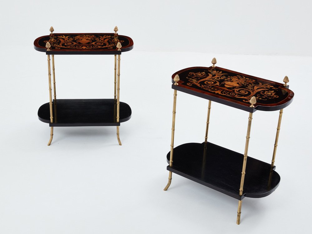 Bronze Bamboo Wood Marquetry Side Tables from Maison Baguès, 1940s, Set of 2