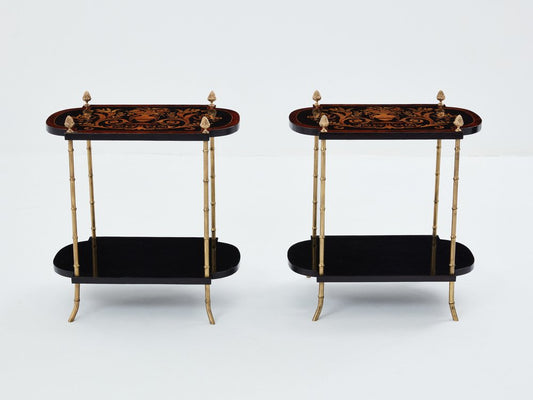 Bronze Bamboo Wood Marquetry Side Tables from Maison Baguès, 1940s, Set of 2