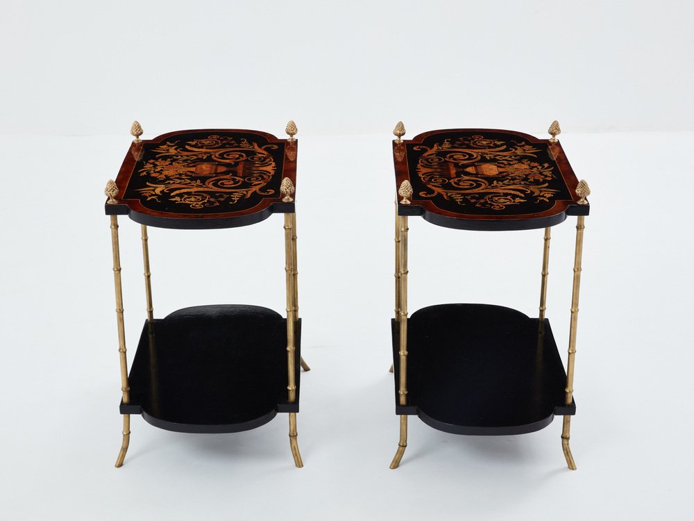 Bronze Bamboo Wood Marquetry Side Tables from Maison Baguès, 1940s, Set of 2