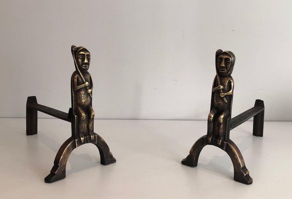 Bronze Chenets with Seated Shamans, 1930s, Set of 2-BA-1481480