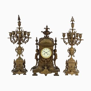 Bronze Clock with Candleholders, France, 19th Century, Set of 3-VMM-1310165