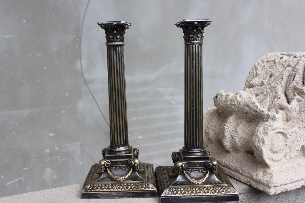 Bronze Column Candlesticks with Ornate from Fraget, 1890, Set of 2