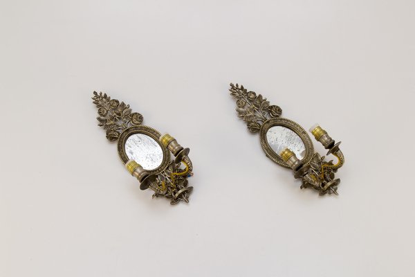 Bronze Floral Mirrored Wall Sconces, Set of 2-KEG-1086638