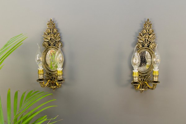 Bronze Floral Mirrored Wall Sconces, Set of 2-KEG-1086638