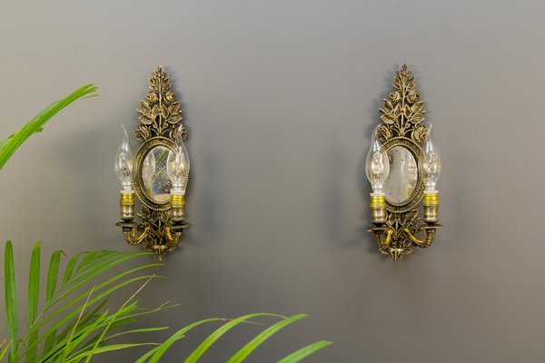 Bronze Floral Mirrored Wall Sconces, Set of 2-KEG-1086638