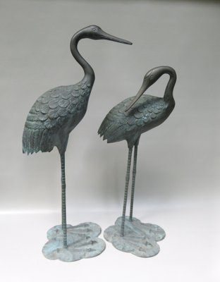 Bronze & Green Patinated Crane Sculptures, 1970s, Set of 2-EY-989533