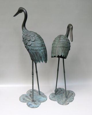 Bronze & Green Patinated Crane Sculptures, 1970s, Set of 2-EY-989533