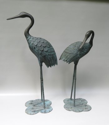 Bronze & Green Patinated Crane Sculptures, 1970s, Set of 2-EY-989533